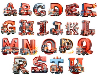 3D Fire truck A-Z alphabet, letters png, alphabet png, instant download for commercial use, High resolution,