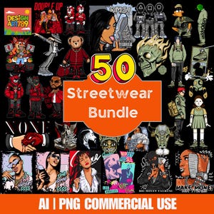 Paquete de 50 diseños de camisetas de ropa urbana, paquete de diseños de camisetas, paquete de diseños de ropa urbana de dibujos animados, diseños de camisetas, descarga digital