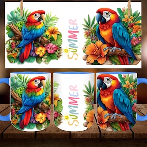 Parrot Mug Wrap: 3D Birds Design, 11oz 15oz Mug Template (Digital Download)