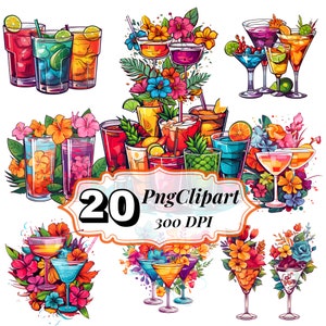 Watercolour Cocktail Clipart, Signature Cocktail, Beverage Clipart, Summer Drinks, Drinks Clipart, PNG Set Of 20,  Mixed Drinks