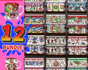 12 Christmas Mug Design,11 & 15 Oz Mug Cricut Press Sublimation Wrap, Mug Gift Idea, mug png, Coffee Mug,3D Inflated png  Bundle