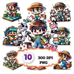 Conjunto 2 Farmers Catoon Clipart, 10 PNGs de alta qualidade, personagem de desenho animado Clipart, Download digital instantâneo, Criação de cartões, Uso comercial