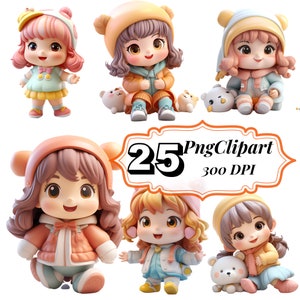 3D fille mignonne potelée Clipart, 25 PNG de haute qualité, clipart fille potelée, clipart de personnage 3D, Little Girl Clipart Bundle,