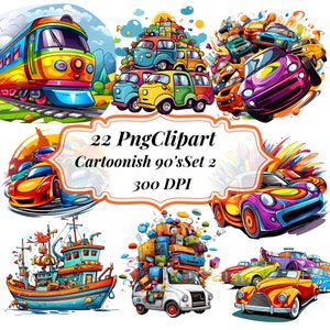 Cars Clipart, 90's Cartoon Cars, Vintage Automobile Illustration, Colorful Retro Car Drawing, Childish Motor Graphics,