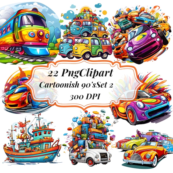 Cars Clipart, 90's Cartoon Cars, Vintage Automobile Illustration, Colorful Retro Car Drawing, Childish Motor Graphics,