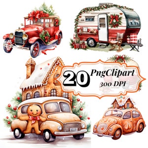 Watercolor Christmas Car Clipart: 20 PNG Illustrations (Digital Download)