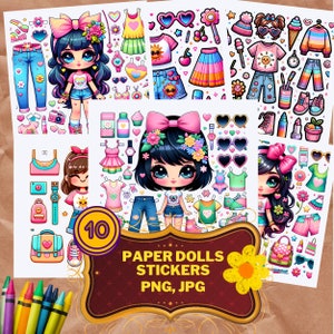 10 Character Stickers Printable Paper Dolls,Sheets Fashion,Outfit Adhesive Designs ,scrapbook accessory, traveller book , Stickers