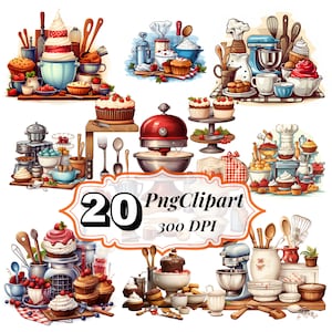 Vários clipart de utensílios de cozinha, chapéus de chef, tigelas e deliciosos produtos assados, como bolos e biscoitos, 20 arquivos PNGs de alta qualidade,
