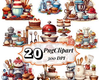 Various kitchen utensils clipart , chef hats, mixing bowls, and delicious baked goods like cakes and cookies, 20 File High Quality PNGs,