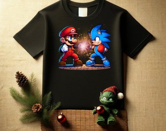 Design de t-shirt dessin animé : Mario vs Sonic PNG (téléchargement instantané)