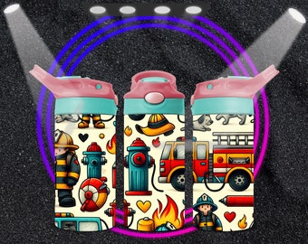 Firefighter Heroes, Cartoon 12oz Sippy Cup Sublimation Designs Digital Download, 12oz Tumbler Wrap PNG, Cute Sippy Cup Wrap,