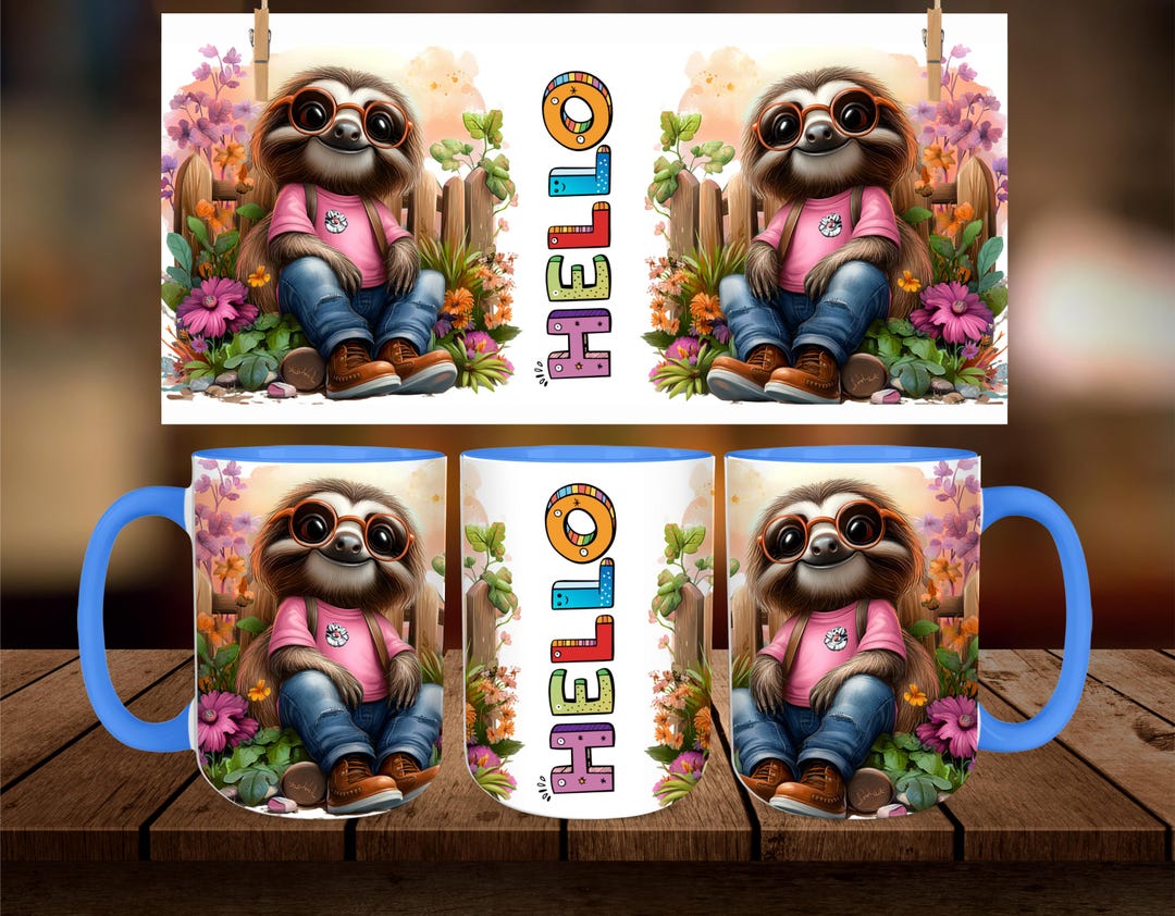 Sloth Cup Mug Wrap, Digital Designs for Mugs, 3D Cartoon , 11oz and ...