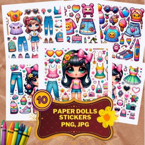 10 pegatinas de personajes para imprimir, muñecos de papel, hojas de moda, diseños adhesivos para atuendos, accesorios para álbumes de recortes, libros de viaje, pegatinas