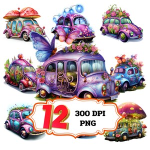 妖精の車、水彩画のクリップアート、12 個の高品質 PNG、即時デジタルダウンロード、カード作成、デジタル ペーパー クラフト、商用利用