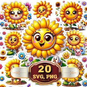 Cartoon sunflower sticker, PNG,SVG Clipart Bundle, digital stickers, Cute Sunflower Sticker, Sunflower Png, Stickers bundle,