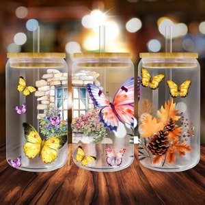 Fall Butterfly Pumpkin Spice Latte Glass Can Tumbler Sublimation Design (PNG)