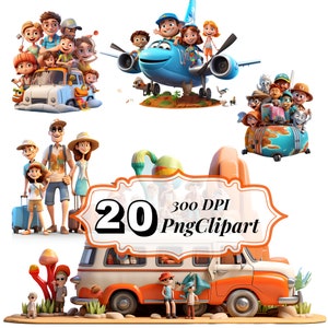 3D Reisen im Urlaub Clipart, 3D Charakter Clipart, 3D Ton Charakter, 24 hochwertige PNGs, digitales Papier Handwerk, kommerzielle Nutzung