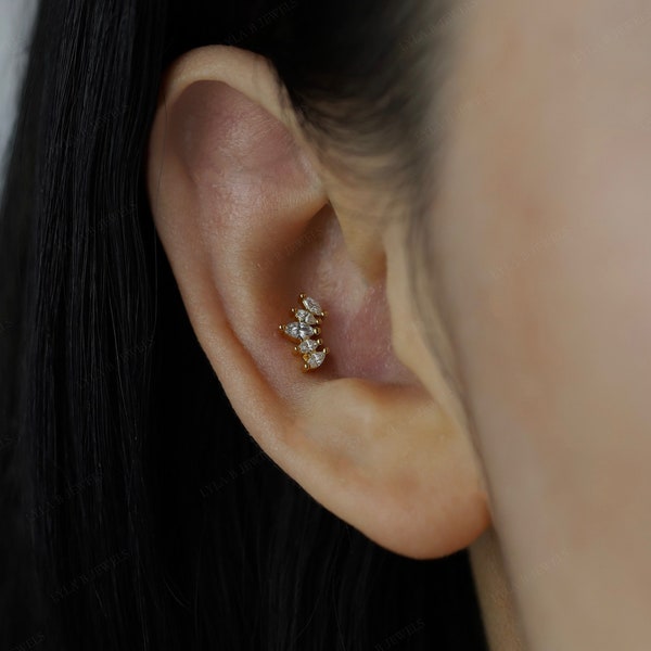 Labret Flat Back Conch Earring • Marquise Dainty Stacking Minimal Earrings 16G • Cartilage Lobe • Hypoallergenic • Titanium 18K Gold Filled