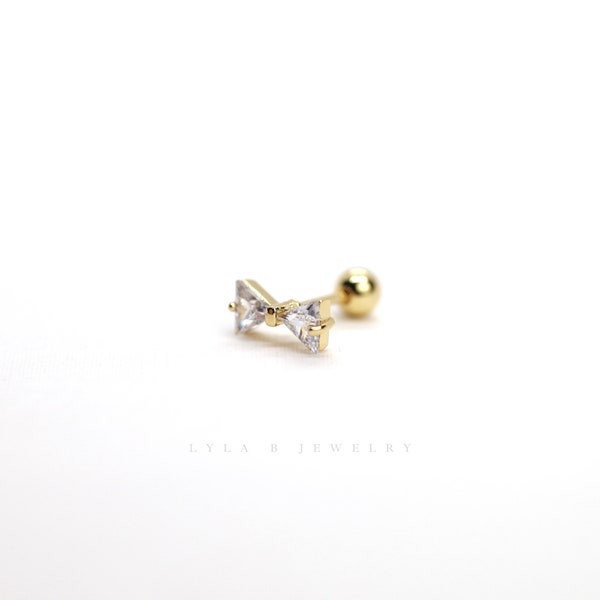 Bowtie Stud Earrings • CZ Diamond • Dainty Stacking Minimal Earring • Cartilage Conch Tragus • Hypoallergenic • Titanium 18K Gold Filled