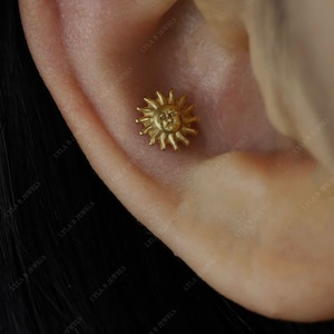 Labret Flat Back Earring Celestial Sun Dainty Stacking Minimal Earrings ...