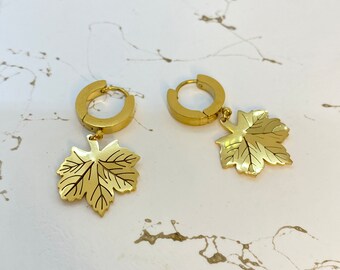 Leaf Earrings, Winter Earrings, Gold Leaf Earrings, Leaf Dangle Earrings, Gold Hoops, Personalized Gift for Her