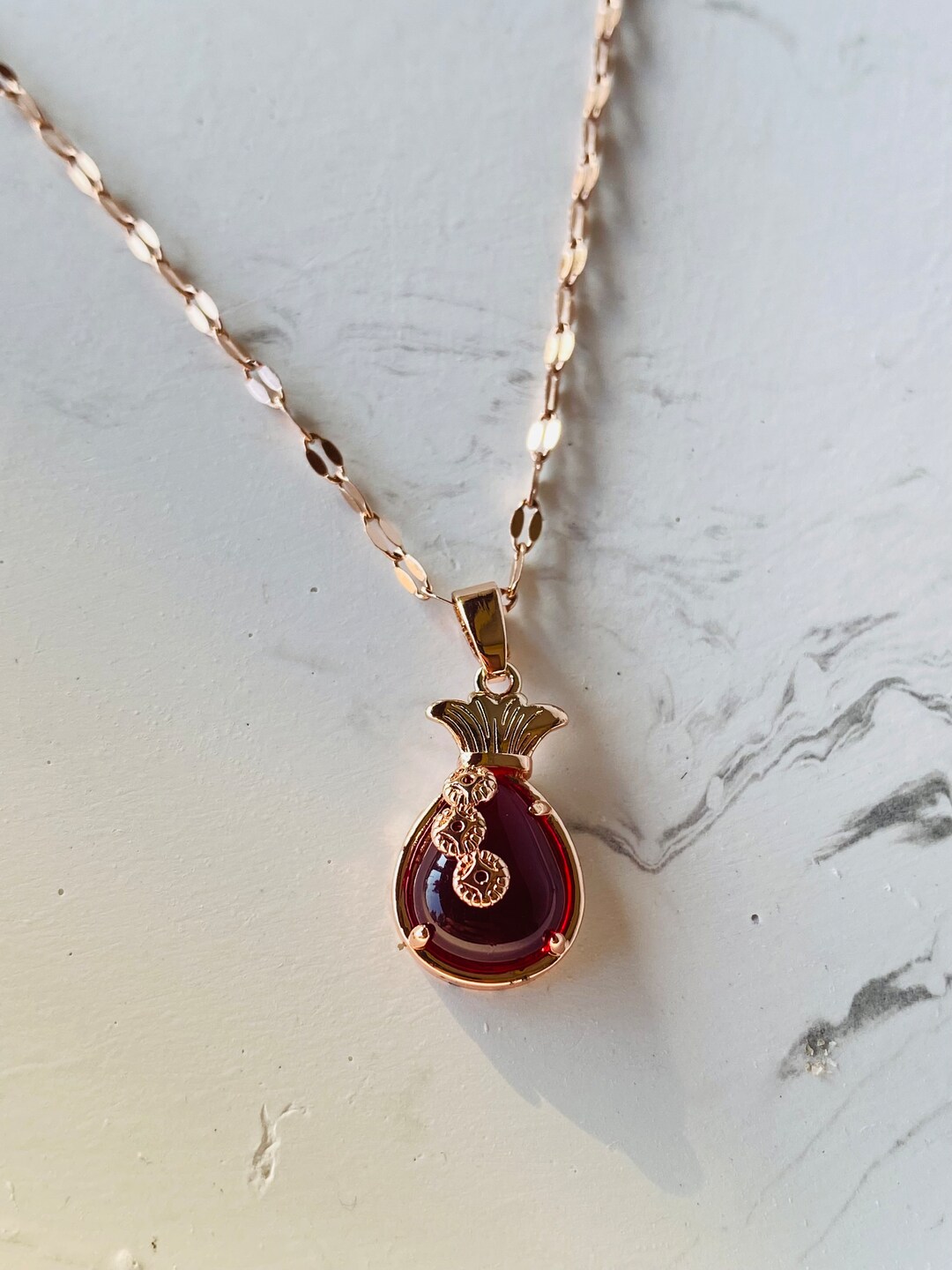 Red Crystal Teardrop Necklace, Red Pendant Necklace Gold Filled Chain