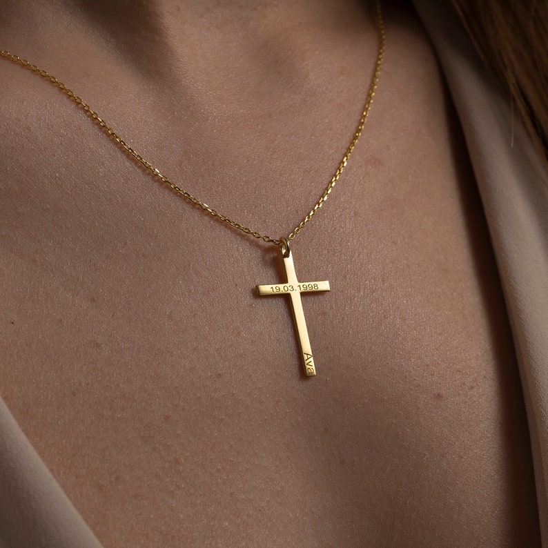 Cross Name Necklace, Baptism Gift, Personalized Cross Name Date Necklace, Engraved Cross Jewelry, Personalized Gift for Her, Multiple Color image 1