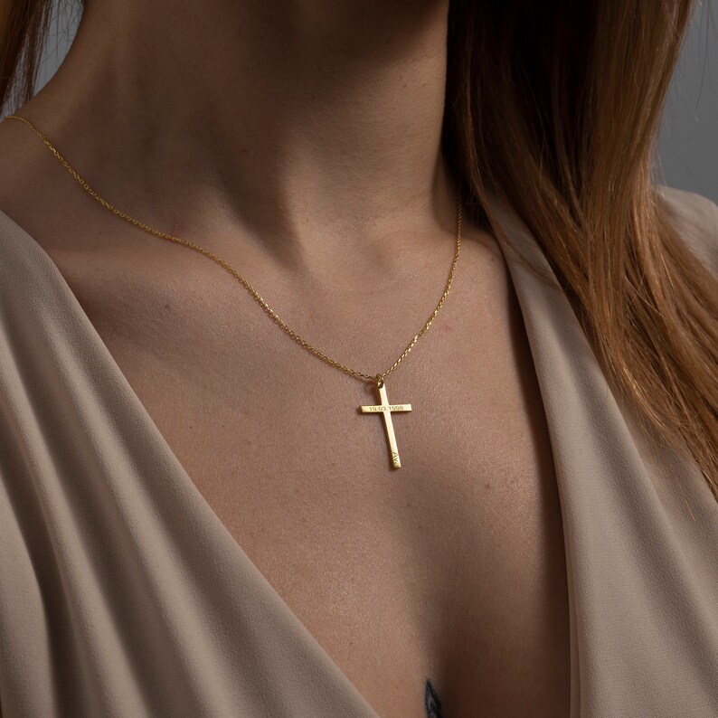 Cross Name Necklace, Baptism Gift, Personalized Cross Name Date Necklace, Engraved Cross Jewelry, Personalized Gift for Her, Multiple Color image 3