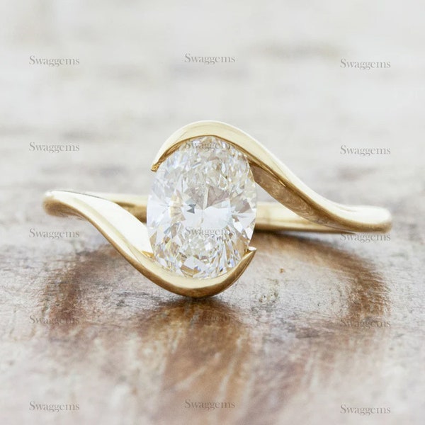 1.5CT Sophisticated bypass bezel set Oval Engagement Ring, Moissanite hidden halo, Silver 10k 14k Gold Ring for women, oval Christmas ring
