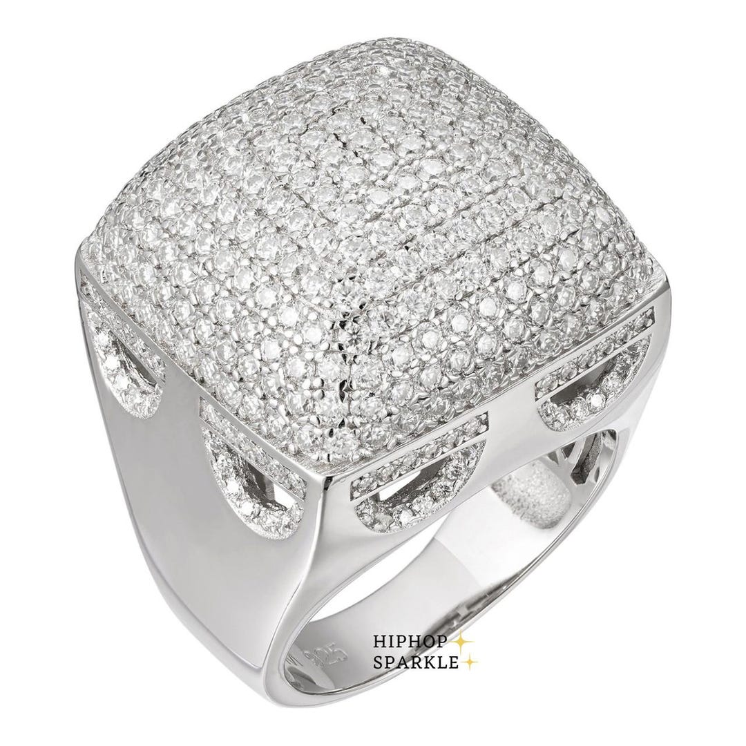 Men's Huge Iced Out Custom Dome Square Cluster Hip Hop Rapper Pinky ...