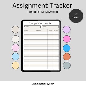 Digitale opdrachttracker, afdrukbare opdrachttracker, huiswerkplanner, college huiswerklogboek, middelbare school huiswerklogboek, studieplanner