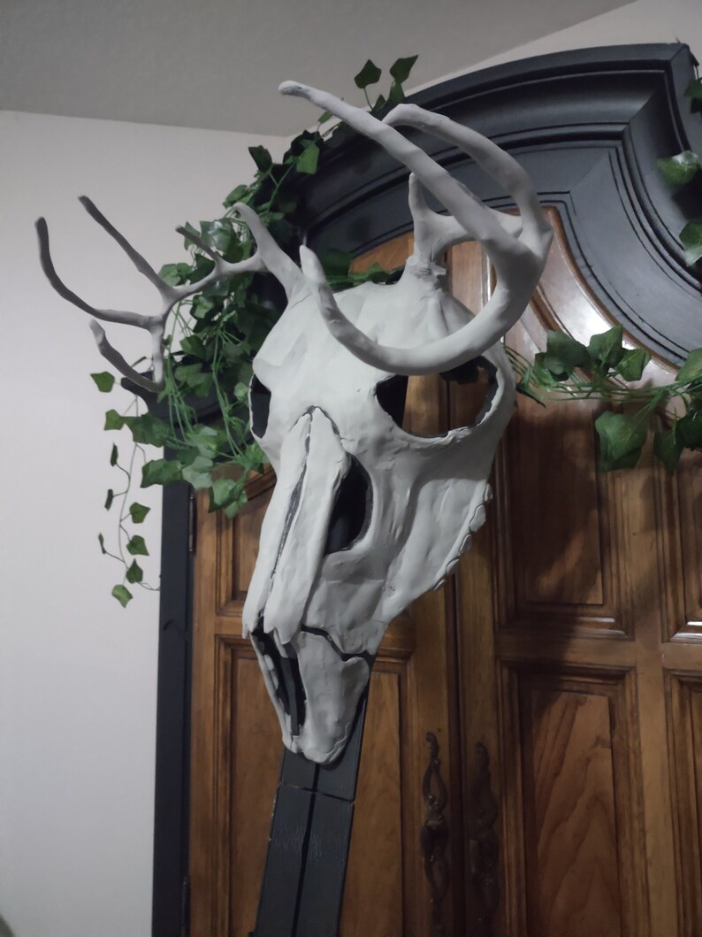 Panned out shot of deer skull mask with sculpting done, to show what finished product may look like.