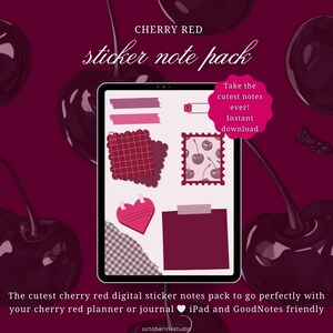May include: Cherry red digital sticker note pack. The image displays a tablet with digital stickers, including a heart, a cherry stamp, and rectangular and square notes. The text reads "Take the cutest notes ever! Instant download."