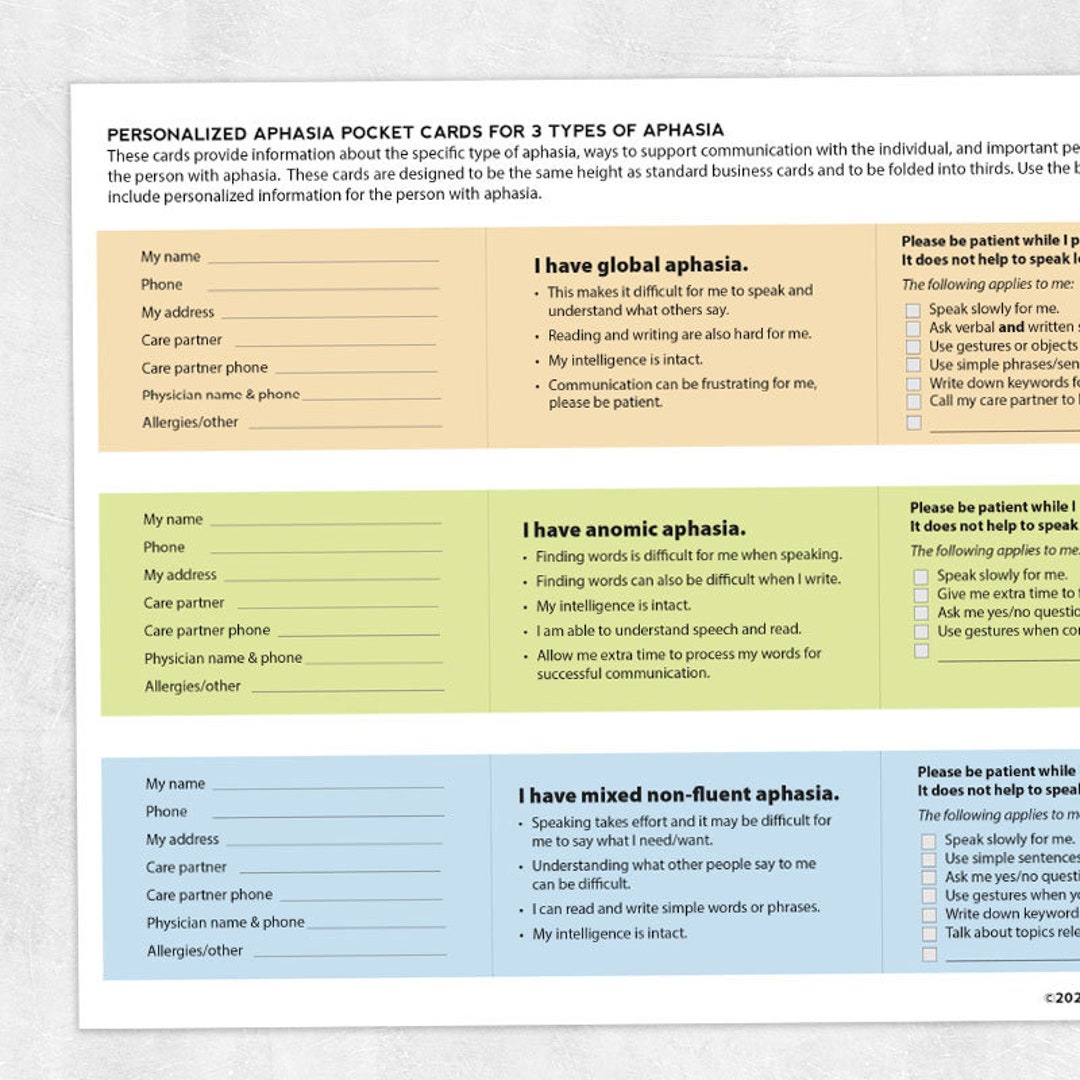 Printable Resource Personalized Aphasia Pocket Cards for Global, Anomic ...