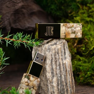 Resin USB Drive with Natural Stones | Custom Laser Engraved Flash Drive | Wedding Photographer USB | Personalized Gift | 8GB–128GB