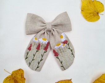 Linen Hair Bow Girls Personalized Hair Bow Embroidered Name Hair Clip Baby Hair Clips Personalized Hair Clip Baby Name Bows Kids Headband