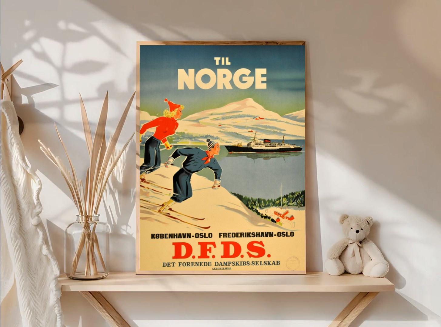 dfds cigarette prices skiing in norway vintage poster dfds travel advertisement retro wall art  print