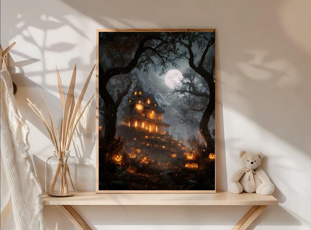 6 Haunted House Halloween Printable Wall Art Spooky Poster With Glowing ...