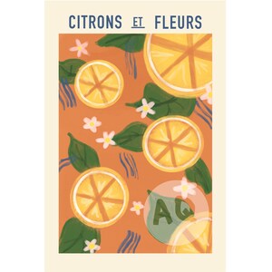 Peut inclure: Une illustration colorée représentant des citrons et des fleurs. Le fond est de couleur orange chaud avec des accents bleus et verts. Le texte "CITRONS ET FLEURS" est en haut de l'image.