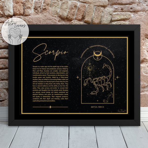 SCORPIO FRAMED PRINT, Zodiac, Astrology, Black and Gold Wall Art, Celestial Home Decor, Spiritual Horoscope, Constellation, Sun Sign Profile