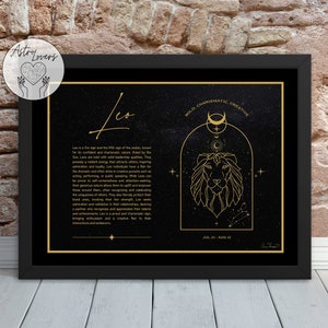 LEO GERAHMT DRUCK, Sternzeichen, Astrologie, schwarz und Gold Wandkunst, himmlische Wohnkultur, spirituelles Horoskop, Konstellation, Löwe-Sonnenzeichen-Profil