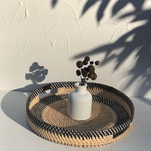Natural Black Round Rattan, Round Wicker Tray, Serving Tray, Tray With Handle, Decorative Tray, Handwoven Tray
