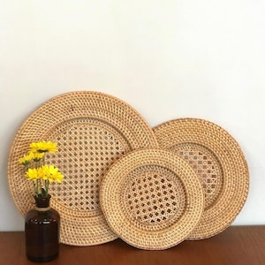 3er-Set Rattan-Wandbehang, Rattan-Wandkorb, rundes Korbset, gewebter Wandkorb, gewebtes Tischset, Boho-Wanddekoration