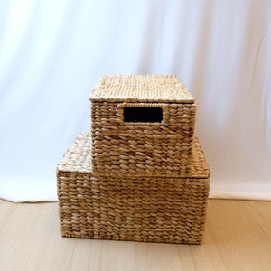 Set of 2 Large Hyacinth Basket with lid- Wicker Storage Basket With Handle - woven Continer - Wicker Basket Container