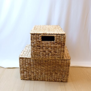 Set of 2 Large Hyacinth Basket with lid- Wicker Storage Basket With Handle - woven Continer - Wicker Basket Container