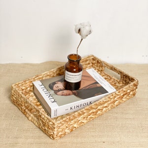 Large Rectangle Hyacinth Tray With Handle, Natural Wicker Tray, Handwoven Tray, Coffe Table Tray