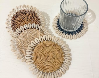 Rattan Coaster With Cowrie Shells, Round Coaster, Wicker Coffe Coaster, Handmade Coaster, Coaster For Table, Boho placemats