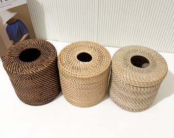 Scatola rotonda per fazzoletti in rattan, coperchio per scatola per fazzoletti, porta fazzoletti in vimini, porta scatola per fazzoletti, coperchio per scatola per fazzoletti