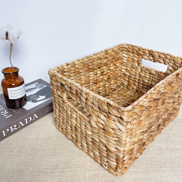 Set of 2 Rectangle Basket With Handle, Water Hyacinth Basket, Wicker storage Baket, Handwoven Basket