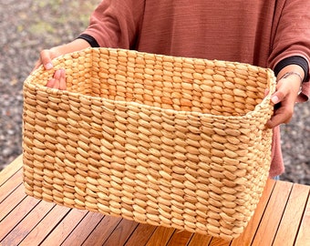 Set of 2 Water Hyacinth Basket, Rectangle Basket with handle, Natural Basket, Wicker Basket, Handwoven Storage Basket